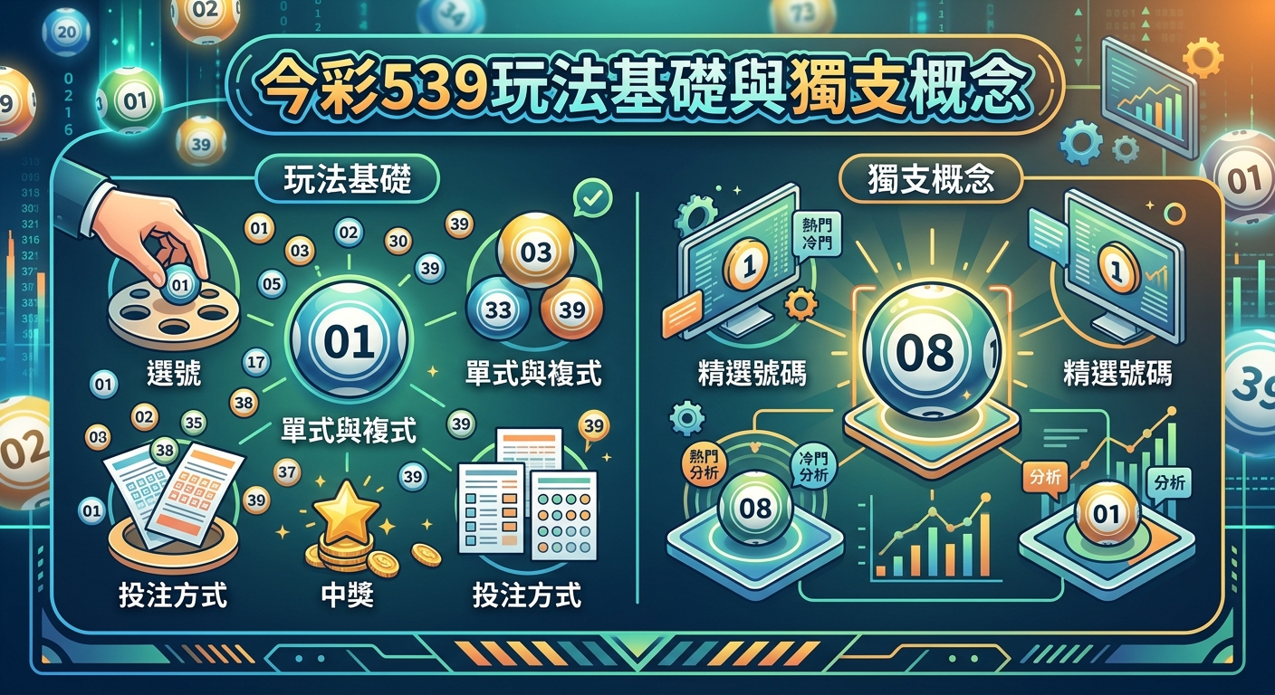 這張圖像是關於「今彩539」的資訊圖表，主題展示了彩券的基本玩法與獨支的概念。 畫面結合了數字彩球、投注單、分析圖表與電腦螢幕等元素，呈現出科技感的分析風格。