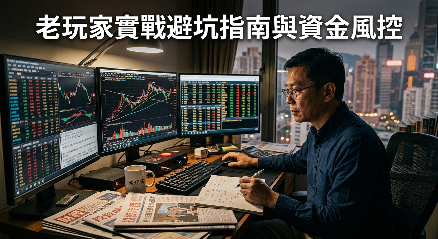 這幅圖片展現了一位經驗豐富的投資者在夜間辦公室內專注於多螢幕資金風控與市場數據分析。 頂部醒目地標註著「老玩家實戰避坑指南與資金風控」的標題，營造出專業且實戰導向的氛圍。